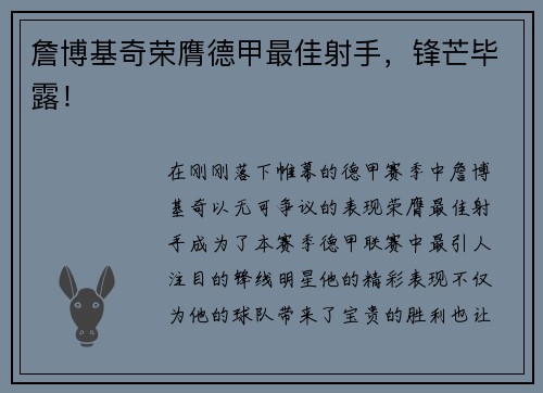 詹博基奇荣膺德甲最佳射手，锋芒毕露！