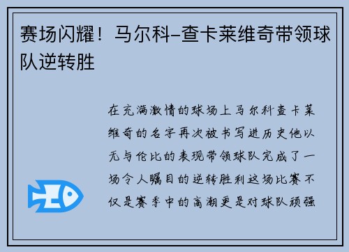 赛场闪耀！马尔科-查卡莱维奇带领球队逆转胜