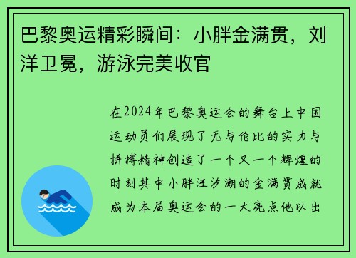 巴黎奥运精彩瞬间：小胖金满贯，刘洋卫冕，游泳完美收官