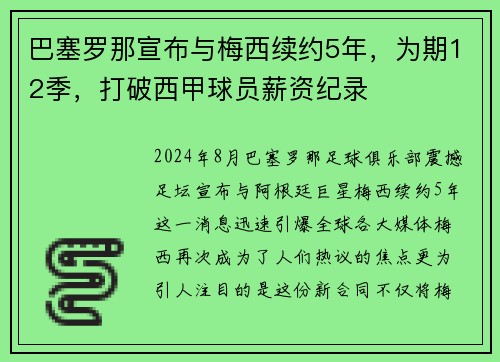 巴塞罗那宣布与梅西续约5年，为期12季，打破西甲球员薪资纪录